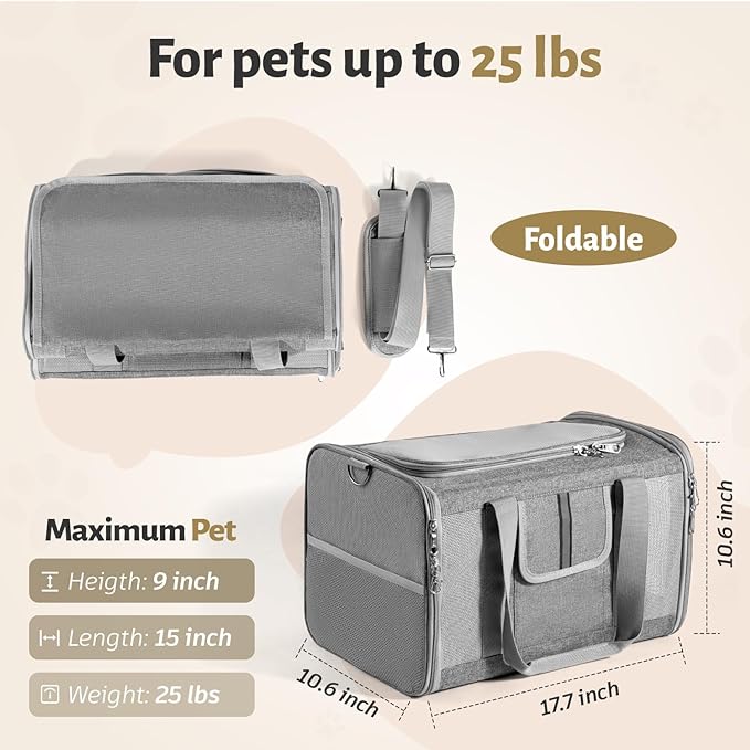 Sedioso Pet Carrier for Large and Medium Cats, 17.7X 10.6X 10.6in Carrier for 2 Kitties, All-Sided Mesh Cat Carrier with Great Ventilation, Portable Soft Sided Carrier Up to 25lbs for Traveling(Grey)