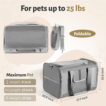 Sedioso Pet Carrier for Large and Medium Cats, 17.7X 10.6X 10.6in Carrier for 2 Kitties, All-Sided Mesh Cat Carrier with Great Ventilation, Portable Soft Sided Carrier Up to 25lbs for Traveling(Grey)