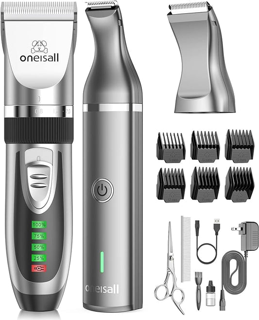 oneisall Dog Clippers and Dog Paw Trimmer Kit 2 in 1 Pet Cat Dog Grooming Kit Quiet Cordless Dog Clippers for Grooming Pet Hair Trimmers for Dogs Cats
