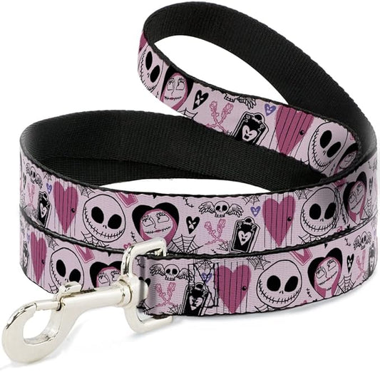 Disney Pet Leash, Dog Leash, The Nightmare Before Christmas Jack and Sally Doodles Pink, 4 Feet Long 1.0 Inch Wide