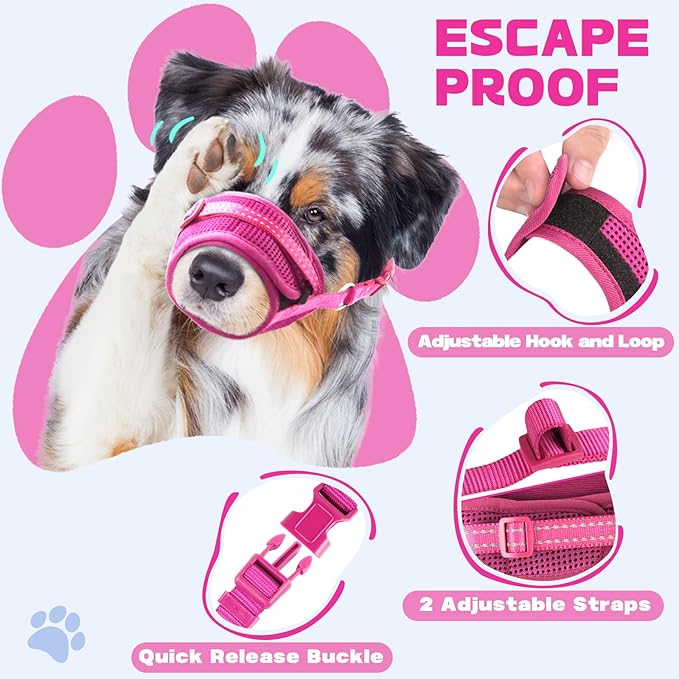 Dog Muzzle Soft Air Mesh Muzzle for Medium Dogs, Adjustable Pet Muzzle for Small and Large Dogs to Drink Normally, Breathable Reflective Muzzle for Dogs to Prevent Biting(Pink,XL)