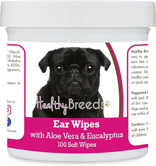 Healthy Breeds Pug, Black, Ear Cleaning Wipes with Aloe & Eucalyptus for Dogs 100 Count