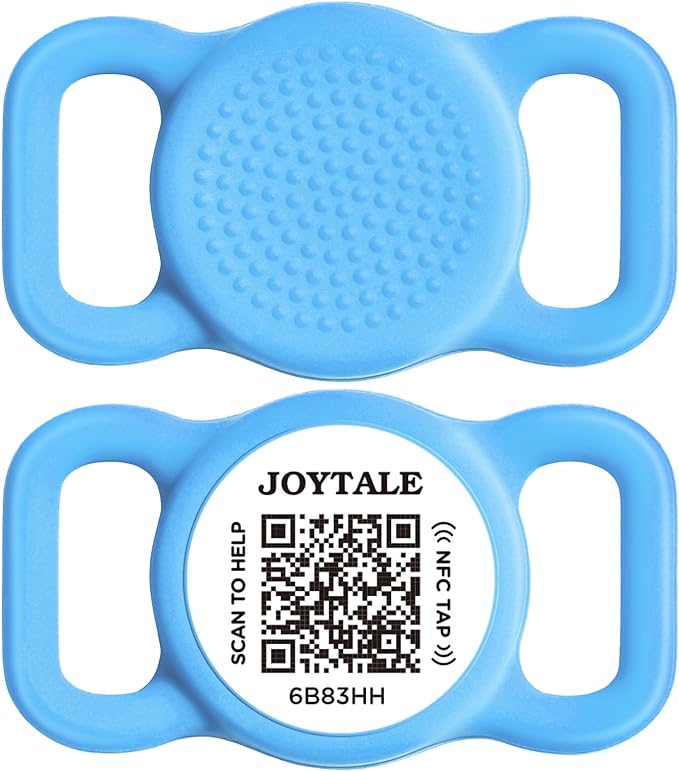 Joytale [ NO APP Required ] Silent Silicone QR Code Dog Tag, Slide On Dog Tags for 1 Inch Wide Collars or Vest, NFC Pet Online Profile, Scan QR to Send Location Alert Email, Sky Blue, M