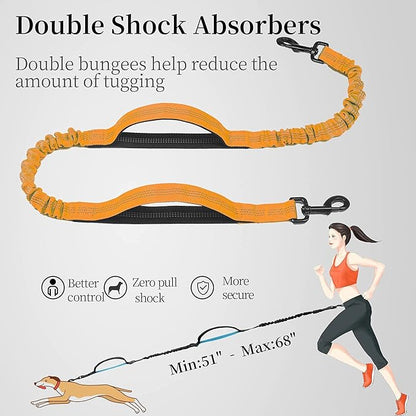 iYoShop Hands Free Dog Leash with Zipper Pouch, Dual Padded Handles and Durable Bungee for Walking, Jogging and Running Your Dog (Large, 25-120 lbs, Orange)