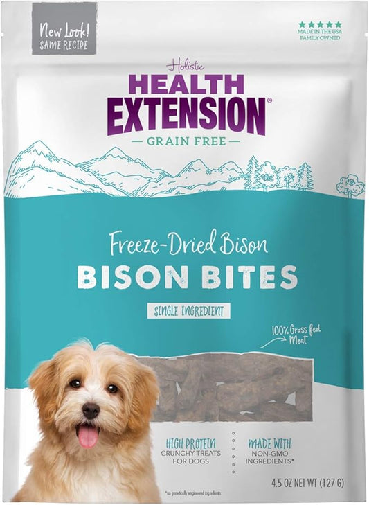 Health Extension 100% Pure Bison Bite Treats for Dogs-Single Ingredient, Grain-Free, High-Protein Snacks for All Breeds & Ages-Dried Bison(4.5Oz/127g)