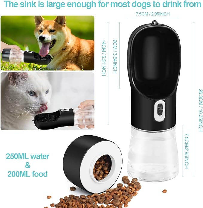 Outdoor Dog Water Bottle Dispenser - Leak Proof Water Bottle for dogs On The Go with Food Container Multifunctional Travel Dog Water Bottle（Black）