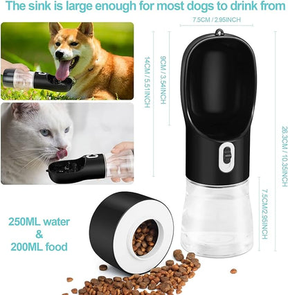 Outdoor Dog Water Bottle Dispenser - Leak Proof Water Bottle for dogs On The Go with Food Container Multifunctional Travel Dog Water Bottle（Black）