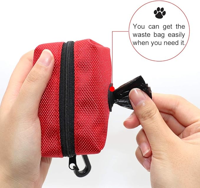 SLSON Pet Waste Bag Dispenser Zippered Pouch,Portable Dog Poop Bag Holder Leash Attachment Lightweight Fabric Bags (Red)