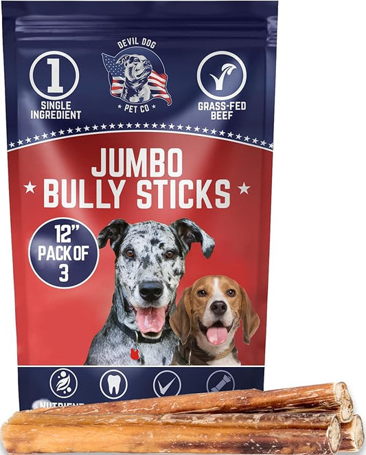 Devil Dog Pet Co. Jumbo Bully Sticks – 12 Inch 3 Pack Chew Treats, 100% All Natural, Free-Range Grass-Fed Beef – Long Lasting & Rawhide Free Bully Stick Dog Chews – Bully Sticks for Dogs