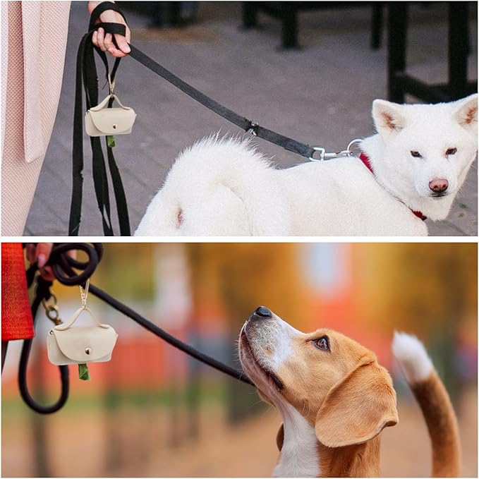 Leather Poop Bag Holder Dispenser for Leash, Portable and Reusable Dog Poop Bag Dispenser, Dog Bag Holder for Walking, Outdoor, Travelling (Beige)