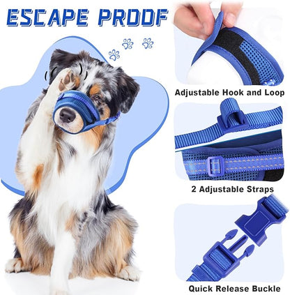 Dog Muzzle Soft Air Mesh Muzzle for Large Dogs, Adjustable Pet Muzzle for Small Medium Dogs to Drink Normally, Breathable Reflective Muzzle for Dogs to Prevent Biting Barking(Blue,L-7)