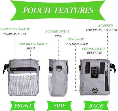 4-in-1 Dog Training Set, Puppy Training Treats- Dog Treat Training Pouch, Bark Control Whistle, Dog Doorbells, Dog Clicker, Ideal Gift for First Time Pet Owners, Training Dog Owners (Gray)
