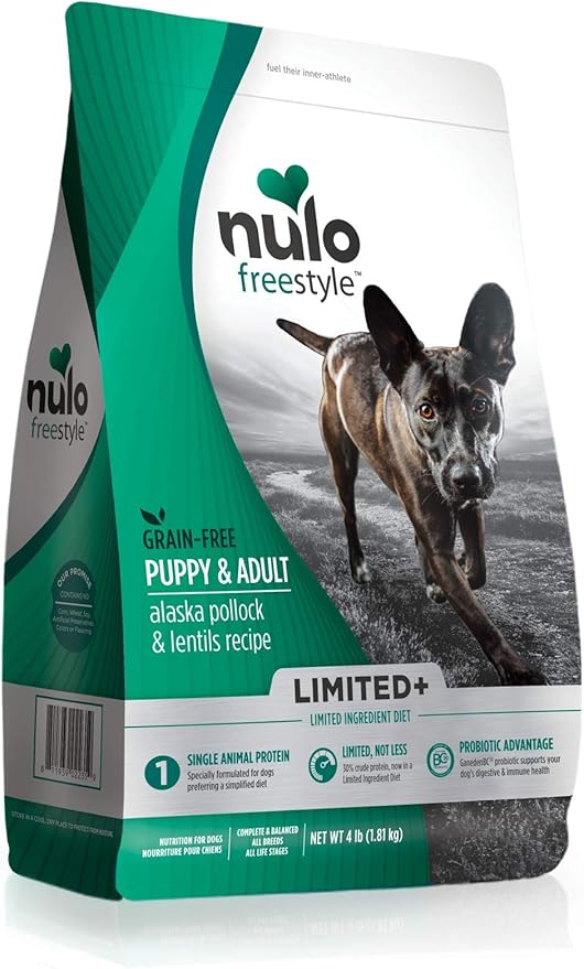 Nulo Puppy & Adult Freestyle Limited Plus Dry Dog Food: All Natural Ingredient Diet For Digestive & Immune Health - Allergy Sensitive Non Gmo (Alaska Pollock & Lentils Recipe - 4 Lb Bag) (51LW04)