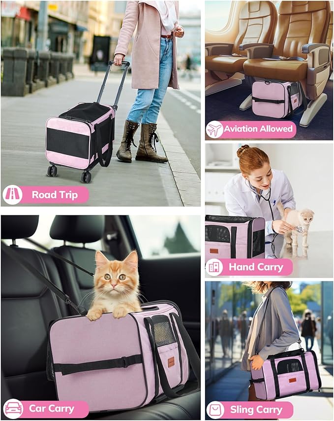 Morpilot Cat Carrier with Wheels Airline Approved, Pet Dog Carrier with Wheels for Small Dogs, Rolling Cat Carrier for Large Cats Puppy Stroller Detachable and Foldable Pet Travel Bag Pink