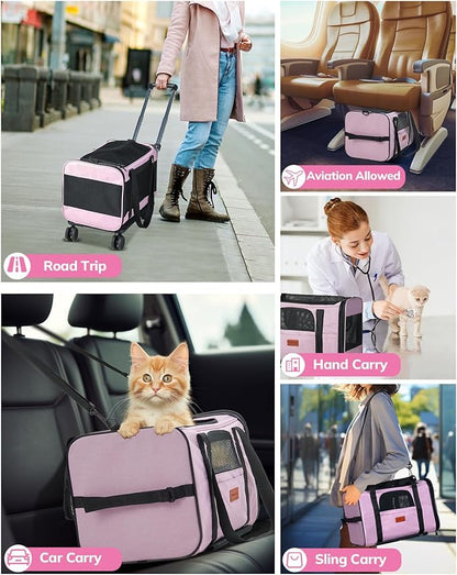 Morpilot Cat Carrier with Wheels Airline Approved, Pet Dog Carrier with Wheels for Small Dogs, Rolling Cat Carrier for Large Cats Puppy Stroller Detachable and Foldable Pet Travel Bag Pink