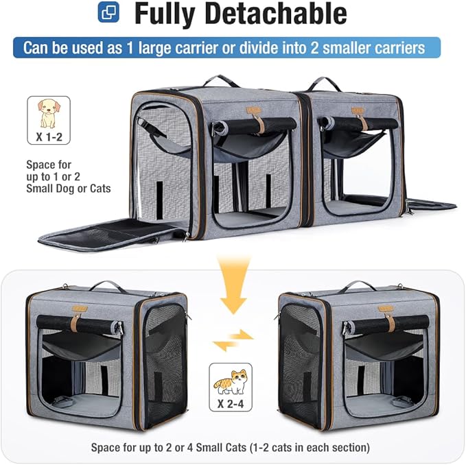 Lekereise 2-in-1 Cat, Dog Carrier for Small Medium Large Pets up to 35 Lbs, (17.7"*2)*16.5"*13" Car Travel Carrier with Litter Box, Bowl, and Locking Zipper - Dark Gray