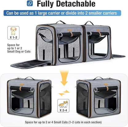 Lekereise 2-in-1 Cat, Dog Carrier for Small Medium Large Pets up to 35 Lbs, (17.7"*2)*16.5"*13" Car Travel Carrier with Litter Box, Bowl, and Locking Zipper - Dark Gray