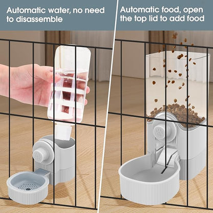 Hanging Cage Automatic Small Pet Food Bowl Water Bottle Dispenser, Detachable Auto Gravity 1.2L Self-Feeding Feeder and 0.52L Waterer Set Kennel Feeding Station for Puppy Cats Rabbit(Grey)