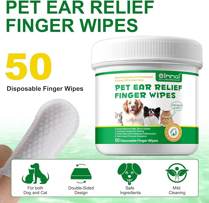 Dog Ear Cleaning Wipes, Ear Finger Wipes for Dogs & Cats Supports Soothing Dog Yeast Infection, Itchy & Inflamed Ears, Remove Ear Wax Debris & Ear Odor, Pet Ear Care Supplies Diposable Wipes - 50pcs