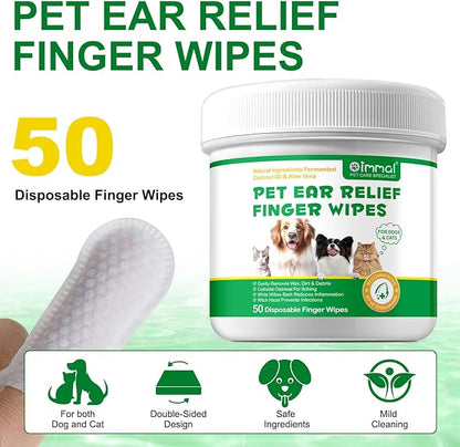 Dog Ear Cleaning Wipes, Ear Finger Wipes for Dogs & Cats Supports Soothing Dog Yeast Infection, Itchy & Inflamed Ears, Remove Ear Wax Debris & Ear Odor, Pet Ear Care Supplies Diposable Wipes - 50pcs