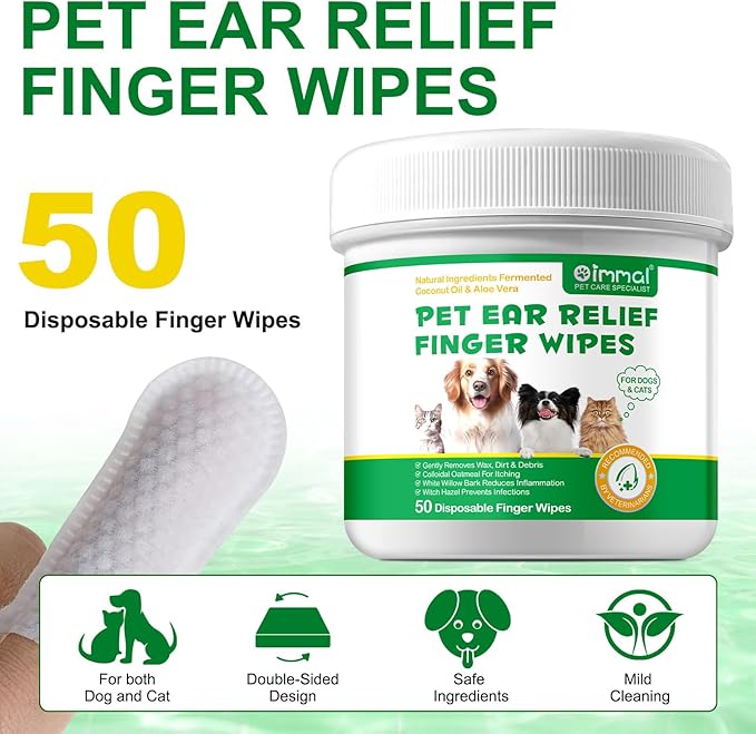 Dog Ear Cleaning Wipes, Ear Finger Wipes for Dogs & Cats Supports Soothing Dog Yeast Infection, Itchy & Inflamed Ears, Remove Ear Wax Debris & Ear Odor, Pet Ear Care Supplies Diposable Wipes - 50pcs