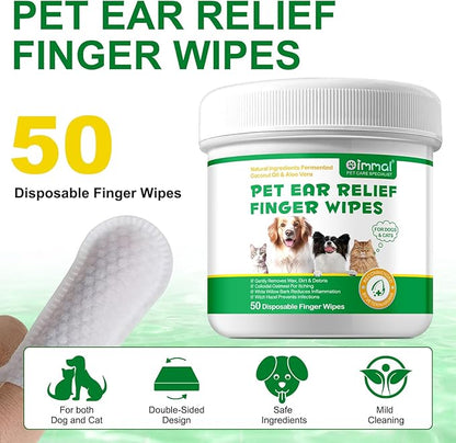 Dog Ear Cleaning Wipes, Ear Finger Wipes for Dogs & Cats Supports Soothing Dog Yeast Infection, Itchy & Inflamed Ears, Remove Ear Wax Debris & Ear Odor, Pet Ear Care Supplies Diposable Wipes - 50pcs