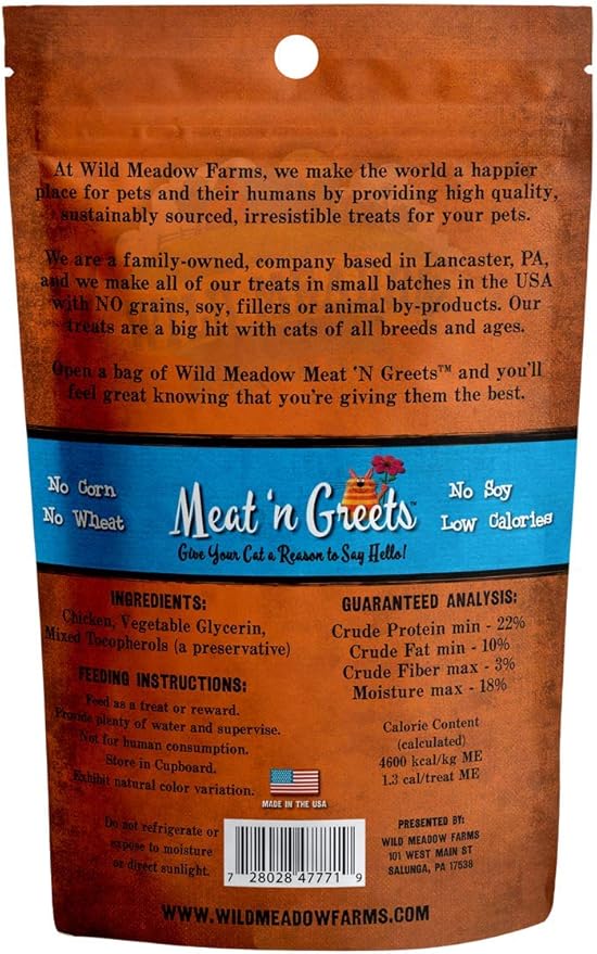 Wild Meadow Farms - Cat Treats - Meat 'N Greets - Soft Jerky Treats with Real Meat, High Protein, Grain-Free, Perfect for Training & Rewarding, All Natural Snacks for Cats - Chicken Flavor