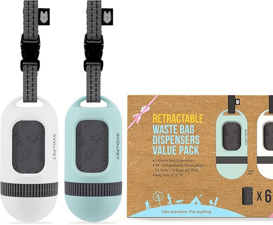 SVD.PET [2-Pack] Retractable Waste Bag Dispensers with 90 Waste Bags, Fit Any Dog Leash, Pet Waste Bag Holder, Dog Walking Accessory Gift Value Pack