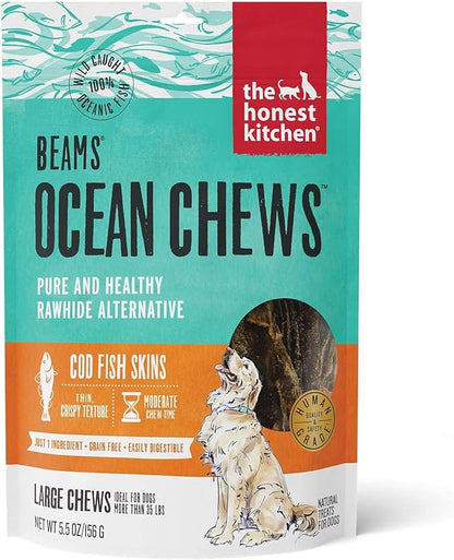 The Honest Kitchen (3 Pack) Cod Ocean Chews Grain Free Dog Chew Treats – Natural Human Grade Dehydrated Fish Skins (5.5 oz Each) with 10ct Pet Faves Wipes