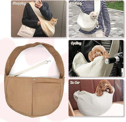 NATUYA Small Dog Carrier Sling for Small Dogs Puppy Cat - Big Pouch Safety Leash Pet Sling Carrier for Walking Outdoor Travel (Brown Long Strap, Canvas)