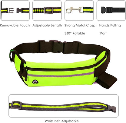 Hands Free Dog Leash, Green Dogs Leash Hands Free for Small Large Dogs with Waterproof Zipper Pouch Reflective Durable Adjustable Waist Belt with Handle Bungee for Dog Walking Jogging