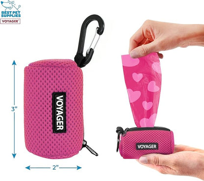 Best Pet Supplies Dog Poop Bag Holder Leash Attachment with 15 Bags, Fuchsia, Reusable Mesh Dispenser Pouch for Travel, Walking, Park, and Outdoor Use, Soft and Durable with Clip-On