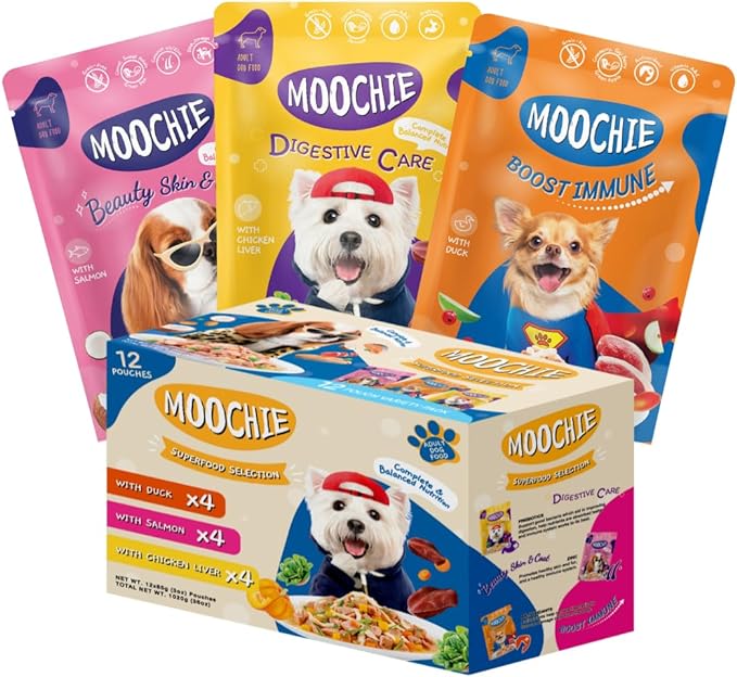 MOOCHIE Wet Dog Food - Superfood Selection of Soft Dog Food - Duck, Salmon & Chicken Liver Flavors - No Added Preservatives or Artifical Flavoring -12 x 2.5 oz Pouch