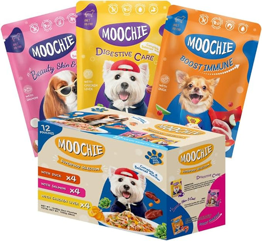MOOCHIE Wet Dog Food - Superfood Selection of Soft Dog Food - Duck, Salmon & Chicken Liver Flavors - No Added Preservatives or Artifical Flavoring -12 x 2.5 oz Pouch