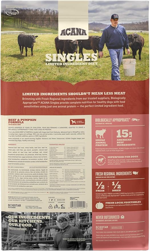 ACANA Singles Limited Ingredient Dry Dog Food, Beef & Pumpkin, Biologically Appropriate & Grain Free