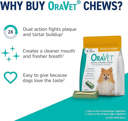 ORAVET Dental Chews for Dogs, Oral Care and Hygiene Chews (Extra Small Dogs, 3.5-9 lbs.) Yellow Pouch, 14 Count