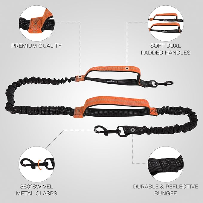 Hands Free Dog Leash with Waist Bag Fanny Pouch, Double Padded Handles, Adjustable Belt, Bungee Cord, Red