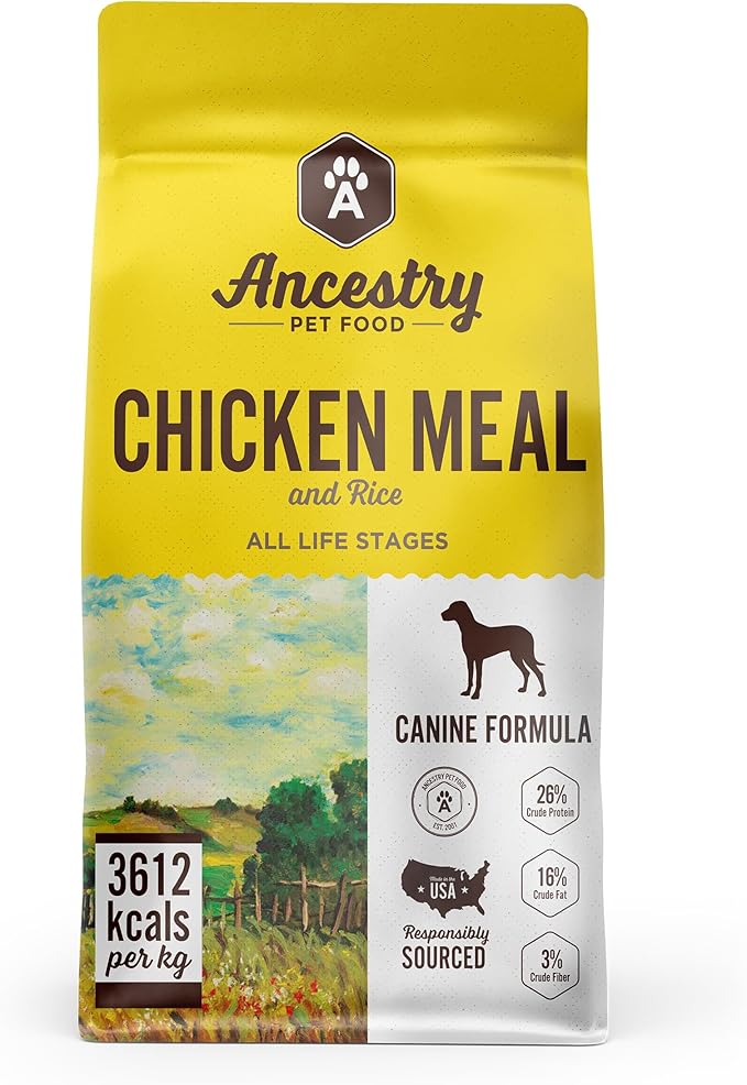 Ancestry Dog Food, Chicken Meal & Brown Rice Formula, Crude Protein, Fiber & Fat with Added Vitamins, For All Life Stages, Dry Dog Food, Improve Gut Health, Digestive & Immune Support (4 lb. Bag)