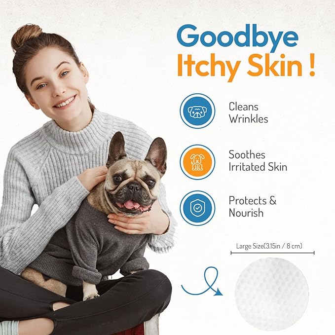 Wrinkle Wipes for Dogs - 100 Count Dog Wrinkle Wipes French Bulldog, English Bulldog, Pugs - 3.15 in Large Bulldog Face Wipes - Cleaning & Soothes on Wrinkles, Folds, Tail Pockets