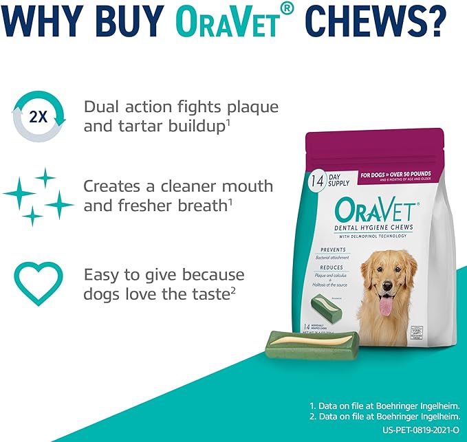 ORAVET Dental Chews for Dogs, Oral Care and Hygiene Chews (Large Dogs, Over 50 lbs.) Pink Pouch, 14 Count