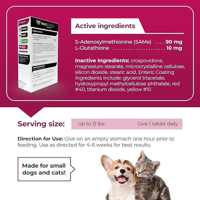 VetriScience Vetri SAMe Liver Supplements for Dogs & Cats, 90mg - 1-Month Supply (30 Tablets) - SAM-e Supplement with Glutathione Supports Liver Health, Function & Detox