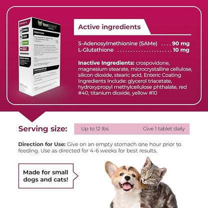 VetriScience Vetri SAMe Liver Supplements for Dogs & Cats, 90mg - 1-Month Supply (30 Tablets) - SAM-e Supplement with Glutathione Supports Liver Health, Function & Detox