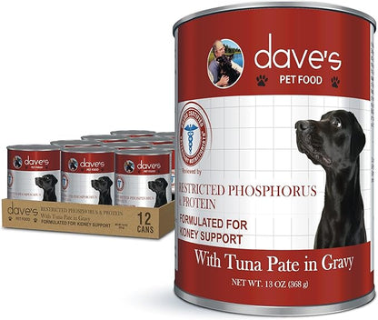 Dave's Pet Food Kidney Support for Dogs with Renal Support (Tuna Pate), Wet Renal Dog Food, Non-Prescription Low Phosphorus, Added Vitamins & Mineral, Vet Formulated (13.2 oz, Pack of 12)
