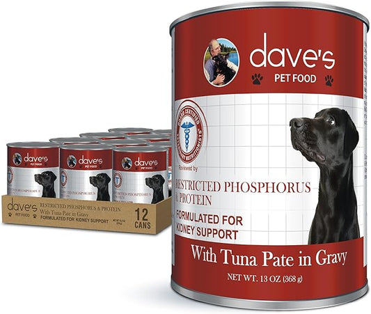 Dave's Pet Food Kidney Support for Dogs with Renal Support (Tuna Pate), Wet Renal Dog Food, Non-Prescription Low Phosphorus, Added Vitamins & Mineral, Vet Formulated (13.2 oz, Pack of 12)