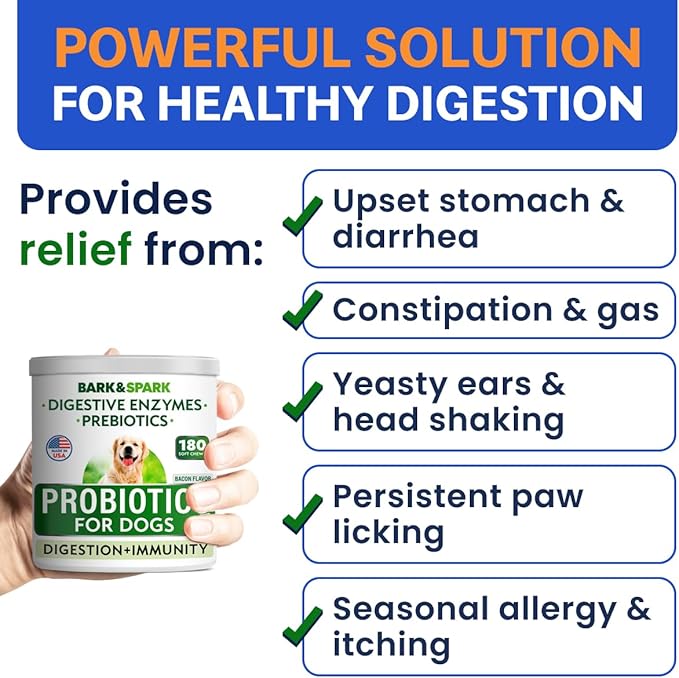 Bark&Spark Dog Probiotics & Digestive Enzymes (Gut Health) Allergy & Itchy Skin - Pet Diarrhea Gas Treatment Upset Stomach Relief Pill, Digestion Health Prebiotic Supplement Tummy Treat (180Ct Bacon)