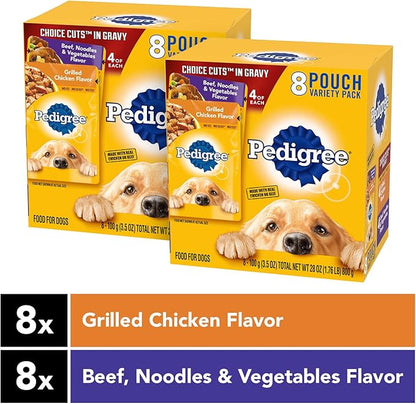 PEDIGREE CHOICE CUTS IN GRAVY Adult Soft Wet Dog Food 8 Count Variety Pack, 3.5 oz Pouches, (Pack of 2)