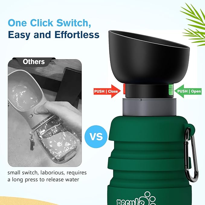 Pecute Dog Water Bottle Portable, 29oz Dog Foldable Water Bottle with Folding Bowl & Clip, 100% Food Grade Silicone, 5 Levels Capacity, Dog Water Bottle for Outdoor Walking, Hiking, Travel(Green)