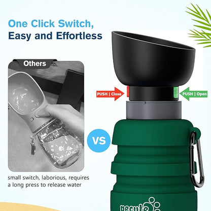 Pecute Dog Water Bottle Portable, 29oz Dog Foldable Water Bottle with Folding Bowl & Clip, 100% Food Grade Silicone, 5 Levels Capacity, Dog Water Bottle for Outdoor Walking, Hiking, Travel(Green)