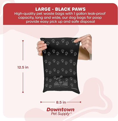 Downtown Pet Supply 180 Count Dog Poop Bags Refills with Leash Clip and Bone Bag Dispenser, Black with Paw Prints - Dog Waste Bags Unscented and Leak-Proof with Dog Poop Bag Dispenser - 12.5 x 8.5"