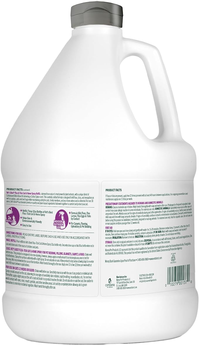 Vet’s Best Flea & Tick Home Spray Refill for Cats – Cotton Spice Scent Cat Flea & Tick Aid – Made in The USA – Flea & Tick Gentle Mist for Cats – 96oz